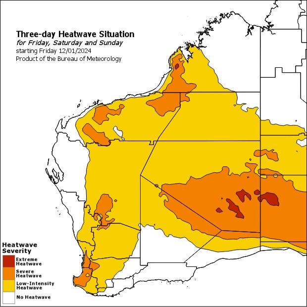 A heat map showing high temperatures for Western Australia. 