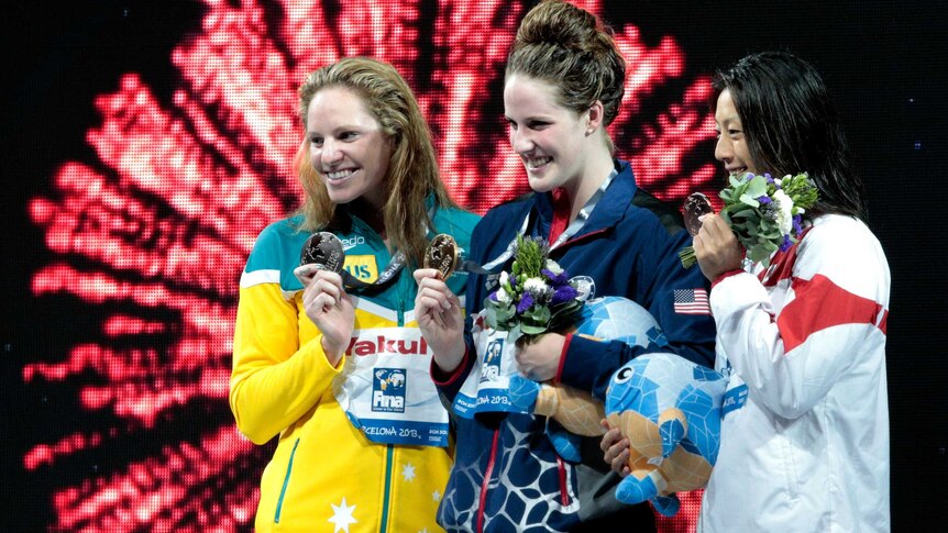 Emily Seebohm on the podium at the Barcelona swimming world championships
