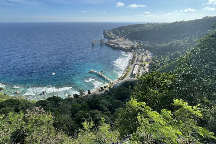 Mining buildings can be seen on the coast of Christmas Island.