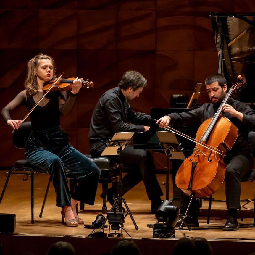 Trio Orelon performing onstage at the Melbourne Recital Centre.