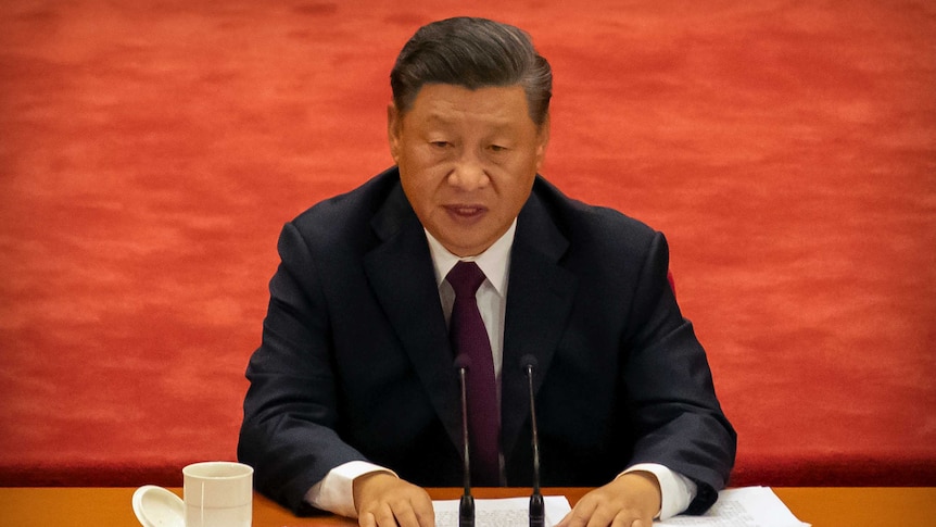 Chinese President Xi Jinping speaks into a microphone while sitting at a table.