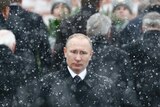 Vladimir Putin stands in the snow.