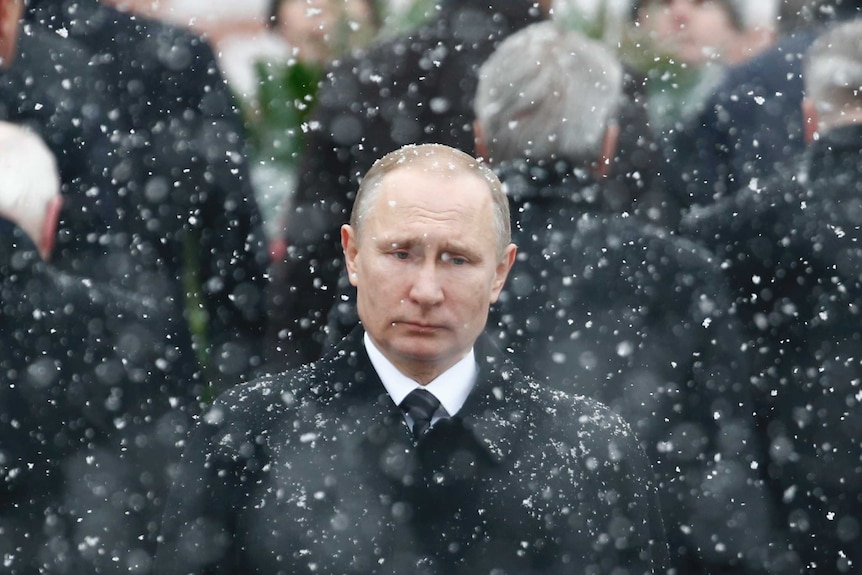 Vladimir Putin stands in the snow.