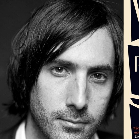 Author headshot in black and white on left, book cover on right