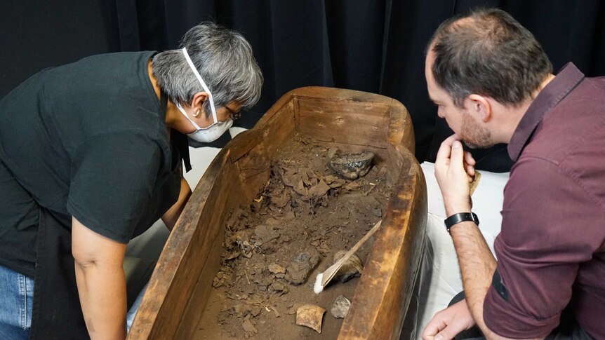 Two scientists look into a coffin