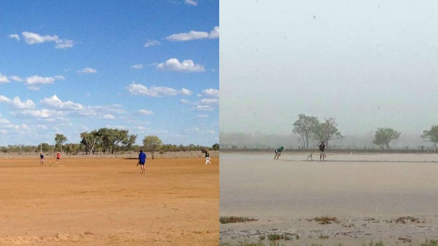 Two images side by side. On the left cricketers play on a dirt pitch, on the right they are running through ankle deep water