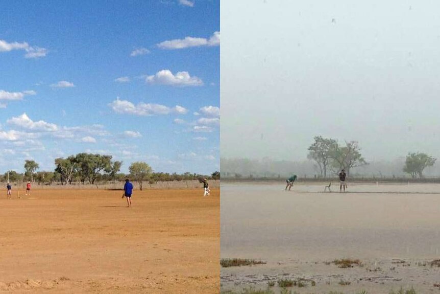 Two images side by side. On the left cricketers play on a dirt pitch, on the right they are running through ankle deep water