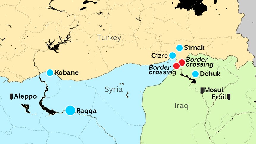 Map of Turkey, northern Syria and Iraq showing key towns and border crossings on way to Raqqa.