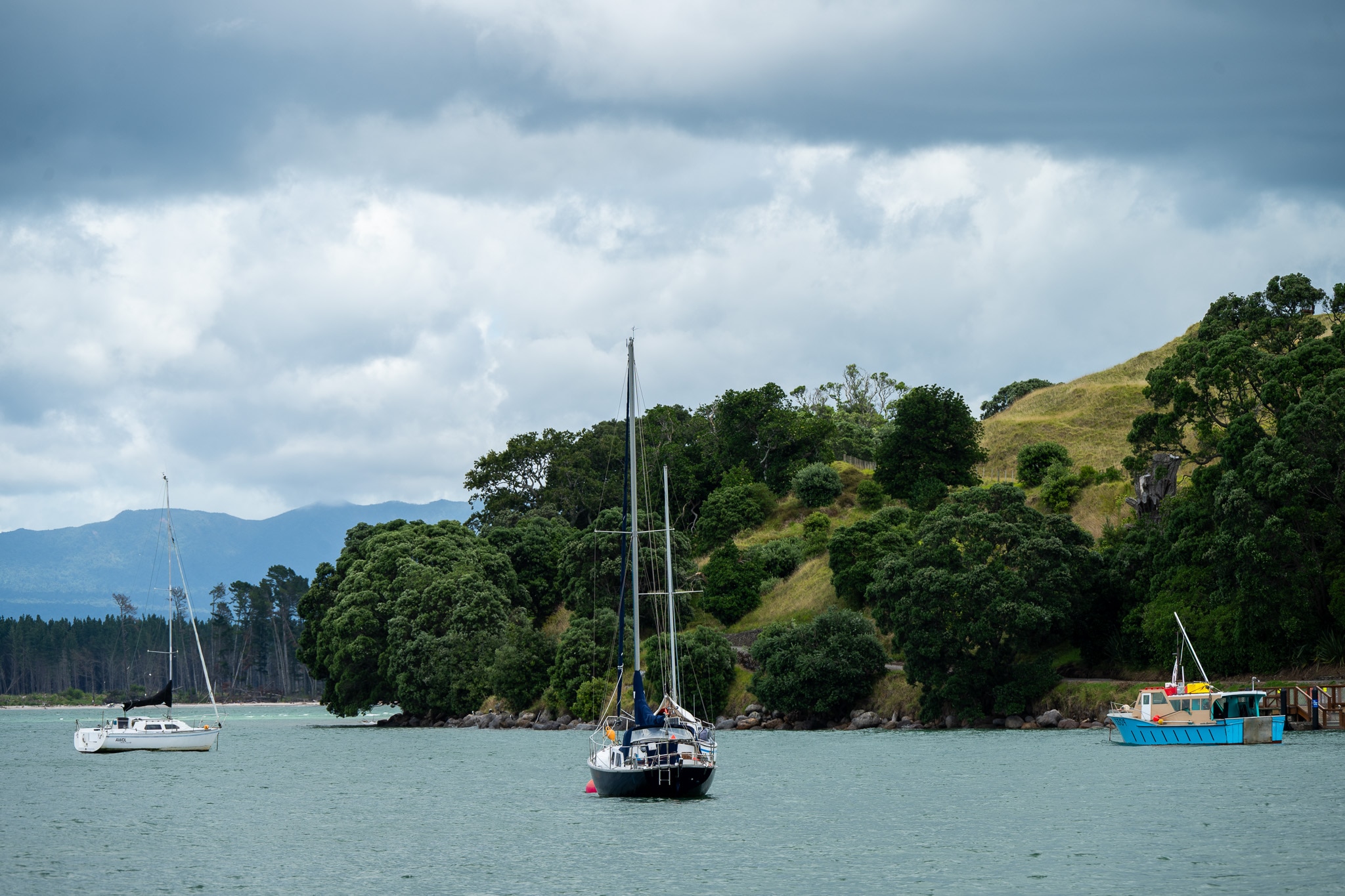 Alguns barcos em uma baía, com uma montanha verde ao fundo e um céu tempestuoso.