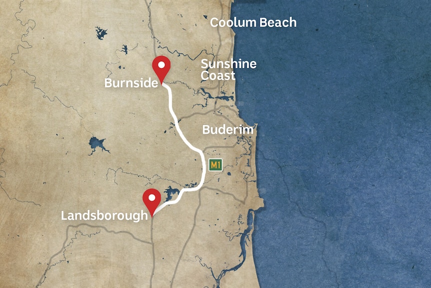 A map of the Sunshine Coast with a line between Landsborough and Burnside.