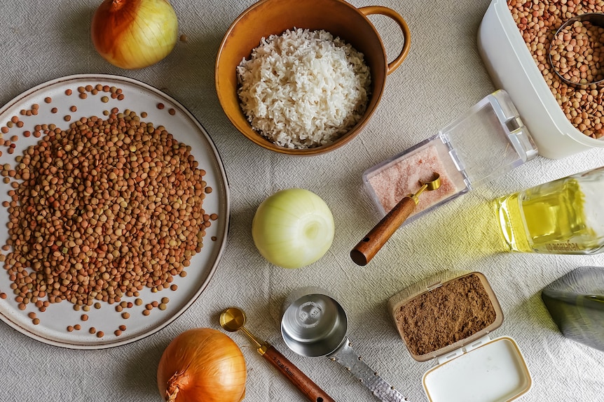 Ingredients for mujadara roz laid out on a table: lentils, cooked white rice, onion, salt, spices and olive oil.