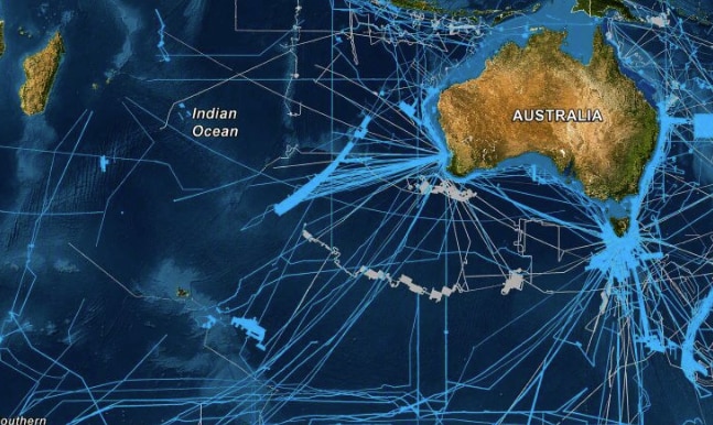 A satellite map of Australia showing light blue sections clustered around the coastline