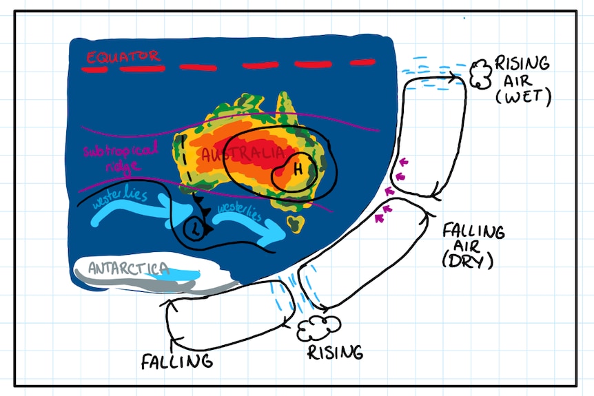 diagram of world showing air descending on Australia forming subtropical ridge and rising air to the south forming westerlies