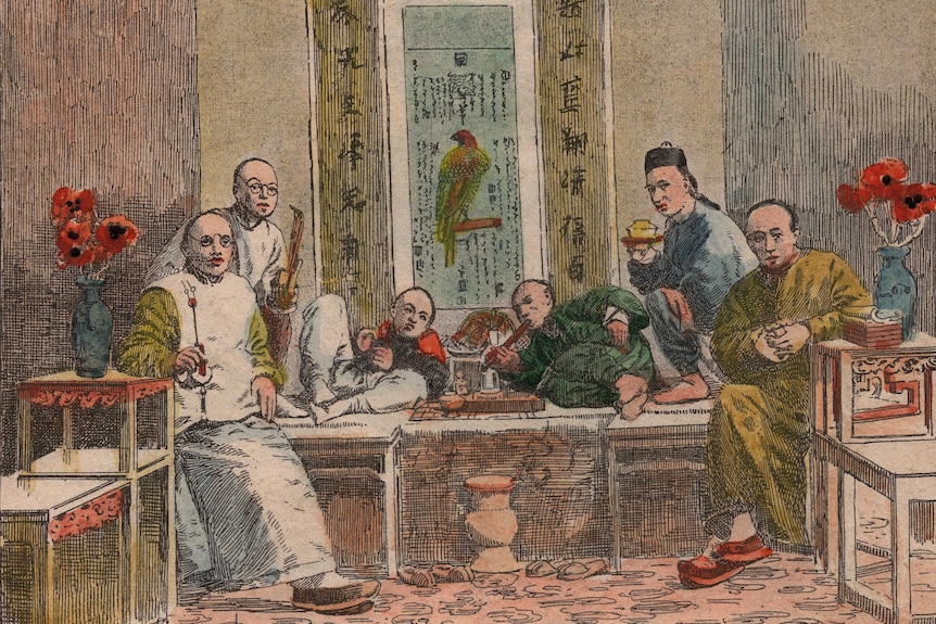 A coloured engraving shows people inside an opium den in China during the 19th century.