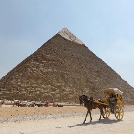 Horse and carts travel in front of a large pyramid