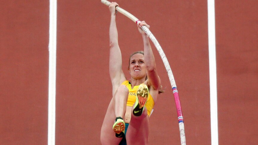 Alana Boyd competes in the pole vault final during the London 2012 Olympic Games.