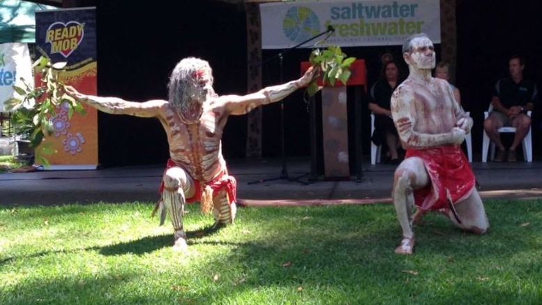 Two Aboriginal dancers dancing on grass.