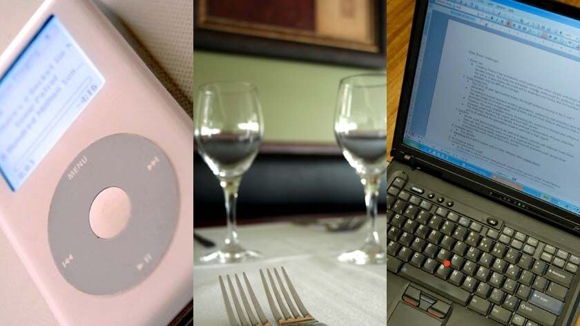 Composite photo showing LtoR an ipod, restaurant, laptop