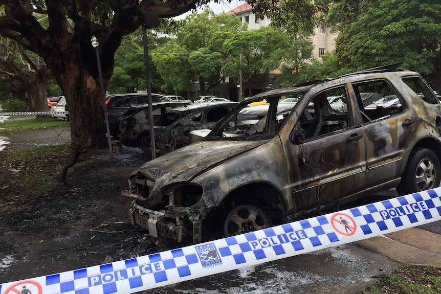 Cars burnt out in Bellevue Hill