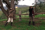 John Clarke (played by descendant Luke Clarke) and Tom Clarke (played by descendant Tom Clarke) re-enacting the gunfight when surrounded by police in 1867.