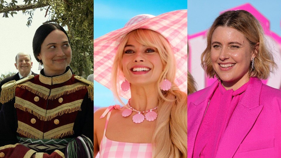 Composite image of Lily Gladstone, Margot Robbie and Greta Gerwig.