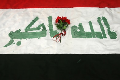 Flowers on an Iraqi flag during a celebration for the U.S withdrawal, Baghdad, June 30 (Getty Images: Muhannad Fala'ah)