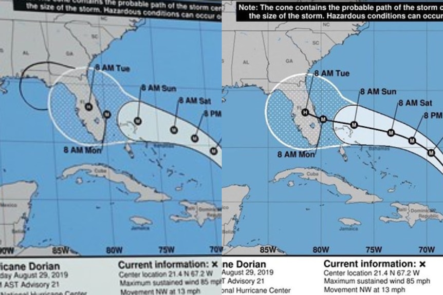 Two forecasts maps, one with Alabama in the projections.