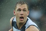 Geelong's Joel Selwood tries to beat the Demons defence during the round 16, 2013 match in Geelong.