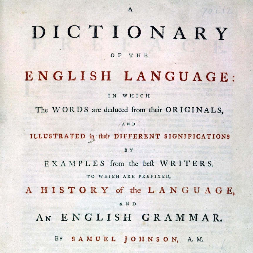 Inner cover of dictionary, with text including 'A dictionary of the English language ... by Samuel Johnson".