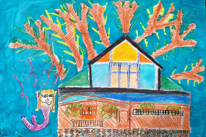 A bright and colour drawing of a house with a young woman jumping for joy out the front of it.