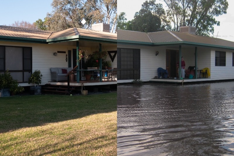 A split screen of a flooded house in 2010 and the same house in 2022, Pampas, southern Queensland.