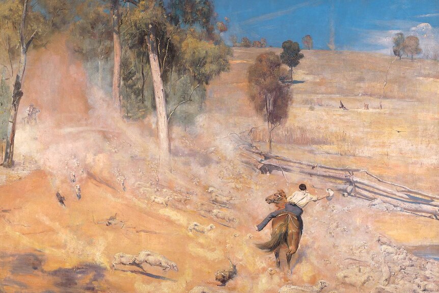 Painting of dry Australian countryside featuring a man on horseback.
