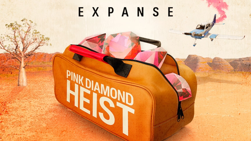 A leather duffel bag with the words pink diamond heist and pink diamonds inside.