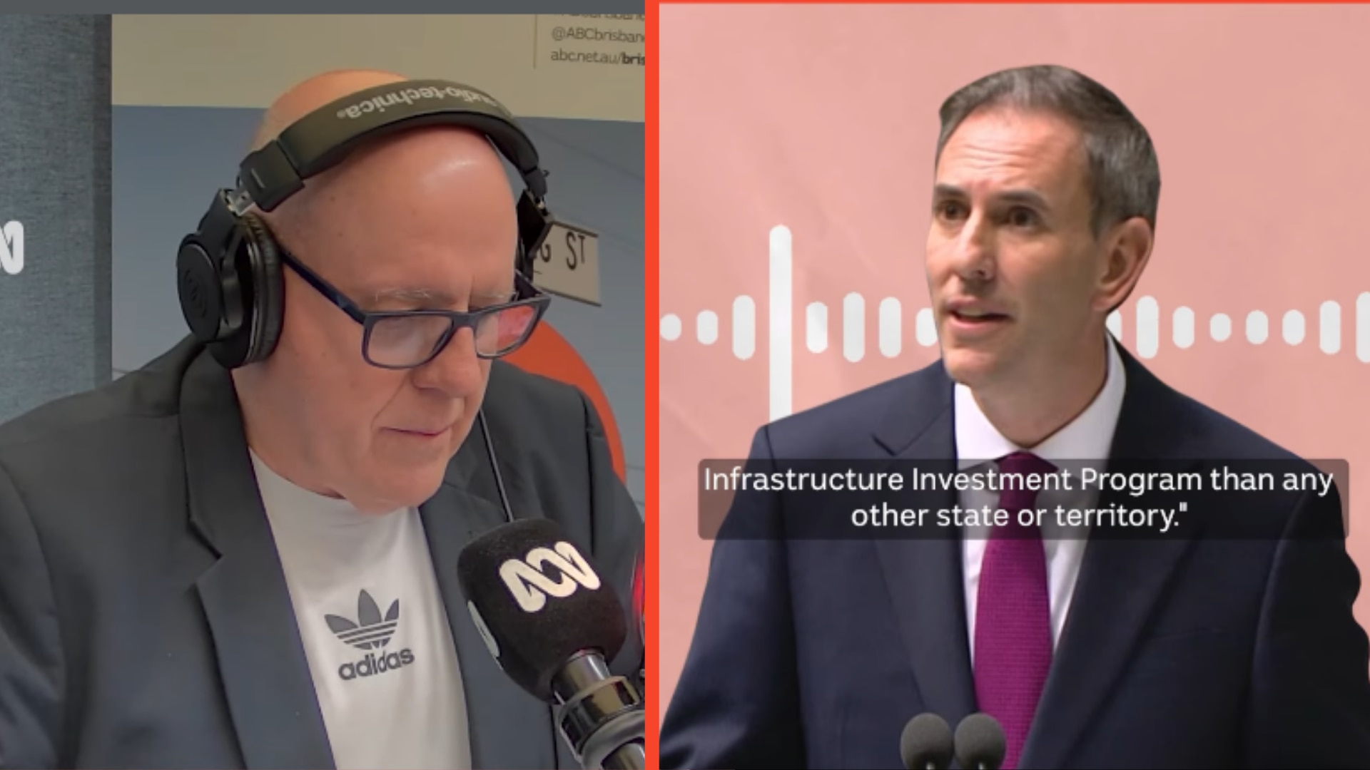 Split image of a radio presenter wearing headphones at a microphone and a speaker at a podium.