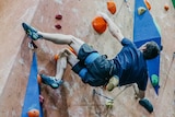 A man hangs by one arm from a colourful indoor rock climbing wall.