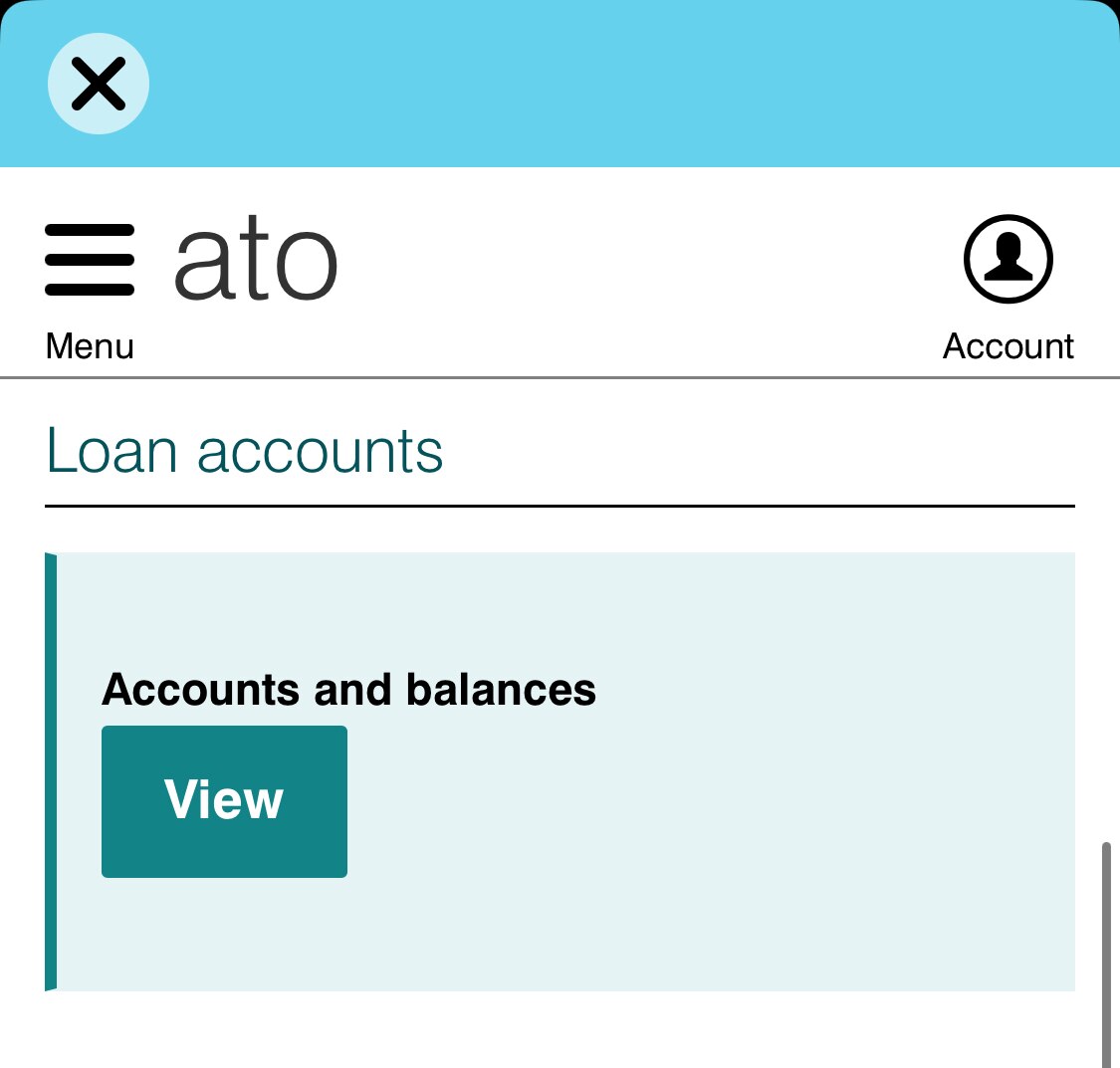 A screenshot of the ATO portal in the myGov app, showing the accounts and balances views. 