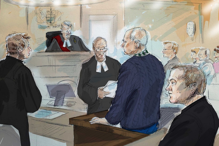 Courtroom sketch showing the scene when Bruce McArthur entered his guilty plea. He is wearing a jumper in the illustration.