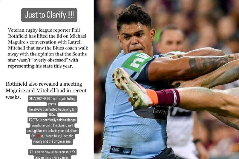 A composite image of Latrell Mitchell's Instagram story and him playing in State of Origin.