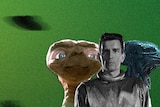 A flying saucer hangs over E.T., Klaatu (in black and white) and Alien, which has its mouth open
