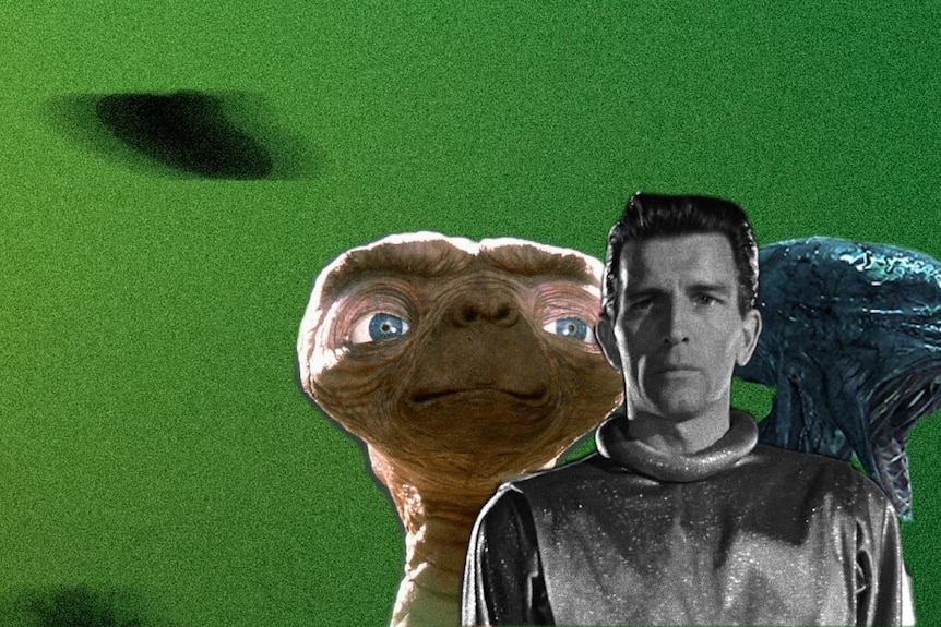 A flying saucer hangs over E.T., Klaatu (in black and white) and Alien, which has its mouth open