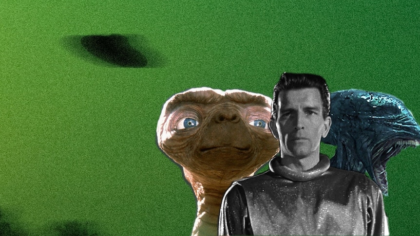 A flying saucer hangs over E.T., Klaatu (in black and white) and Alien, which has its mouth open