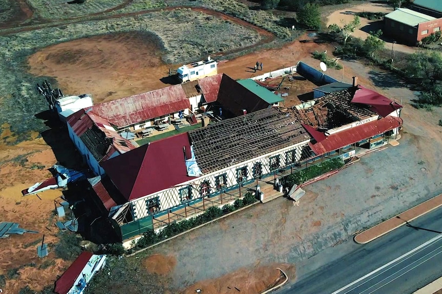 A drone shot of a cyclone-damaged country pub