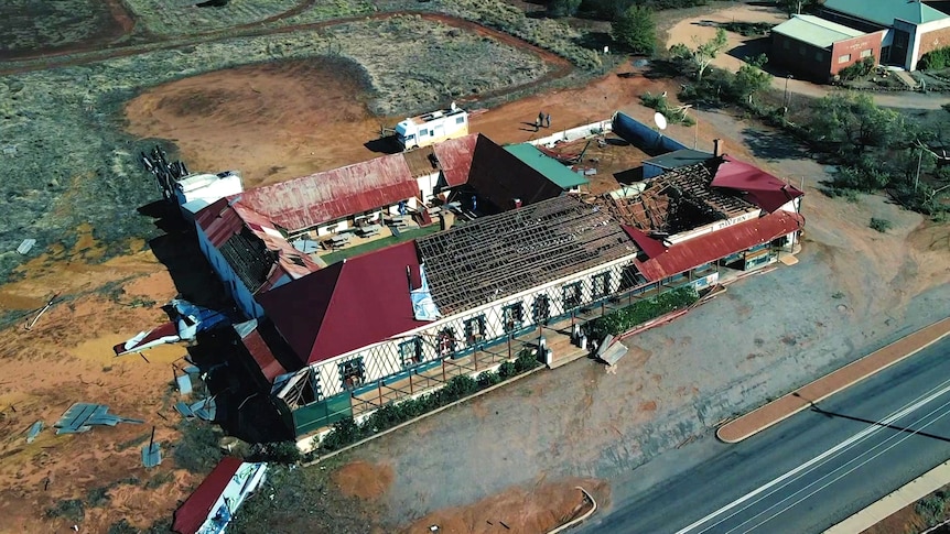 A drone shot of a cyclone-damaged country pub