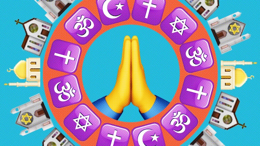 Praying emoji, surrounded by religious signs, church and temple emojis.