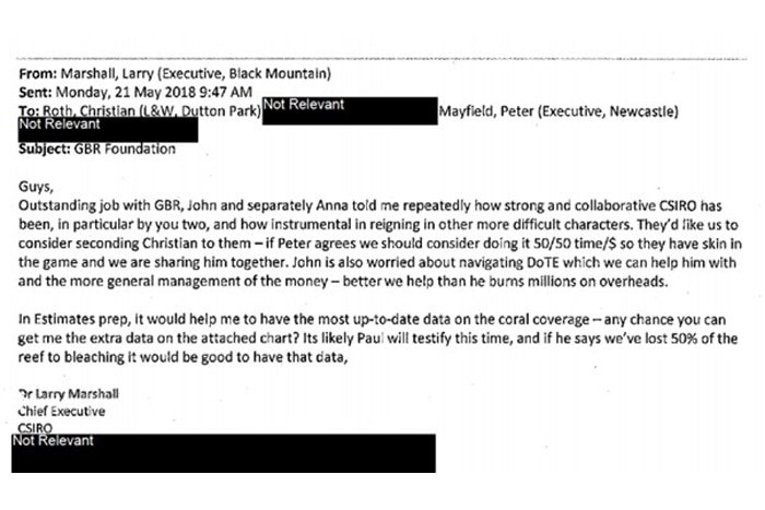 An internal email within the CSIRO discussing the GBRF and the grant.