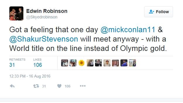 Edwin Robinson takes to Twitter to support Michael Conlan