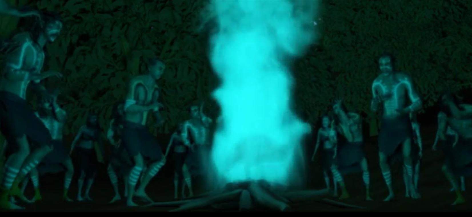 A screenshot of an app featuring painted men conducting a ceremony around a blue flame.