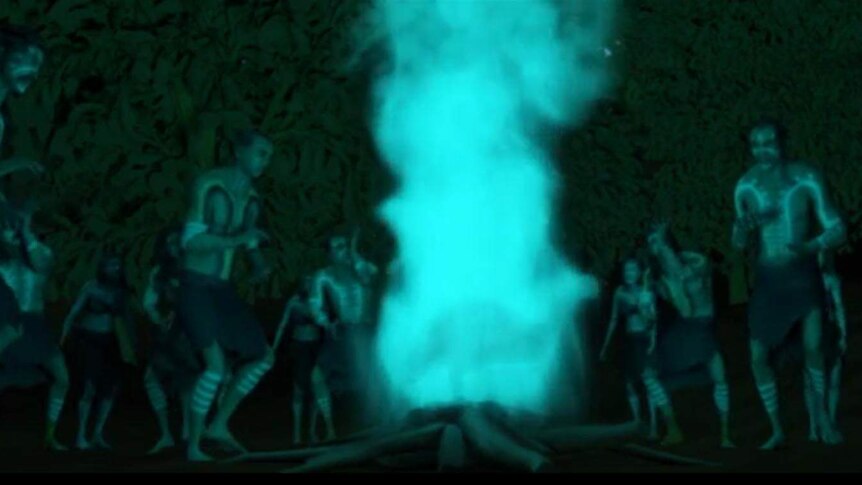 A screenshot of an app featuring painted men conducting a ceremony around a blue flame.