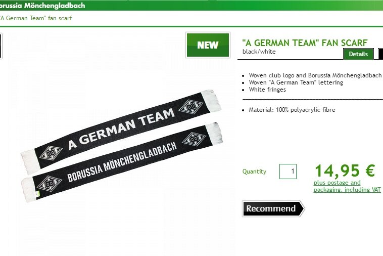 Borussia Monchengladbach's website selling 'A German Team' scarves