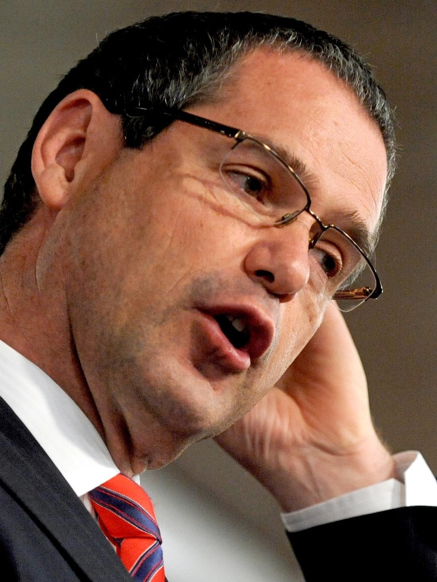 Communications minister Senator Stephen Conroy speaking at the National Press Club in Canberra on December 13, 2011.